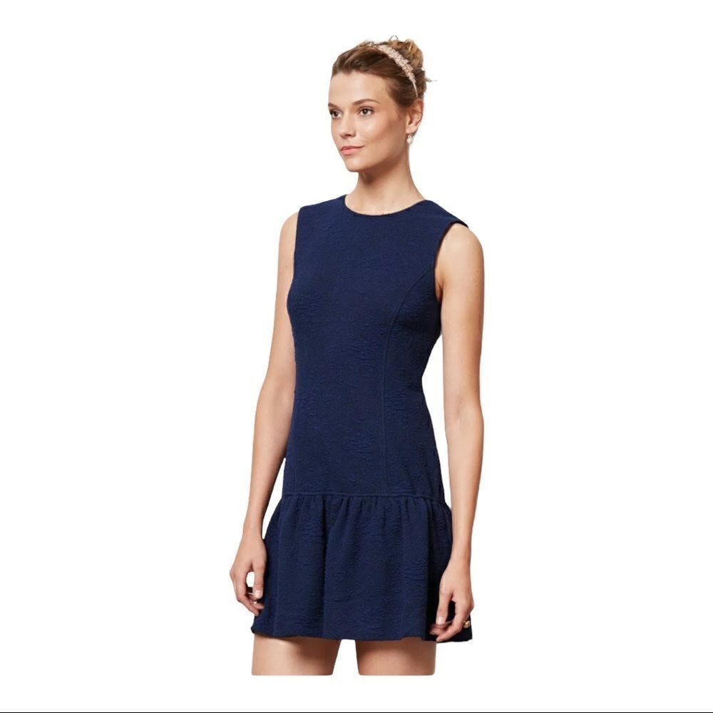 NWT Anthropologie x Ganni Textured Brentwood Shift Dress Navy Blue Ruffled hem M